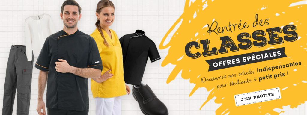 Bannière page "Rentrée des classes" par Manelli. Avec lien envoyant vers la sélection de vêtements professionnels dédiés aux apprentis.
