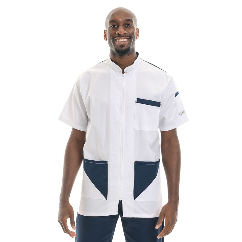 Blouse médicale homme manches courtes blanc et bleu marine de Manelli