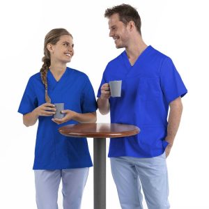 Tunique médicale mixte col V bleu royal lavable à 75° de Manelli idéale pour composer une tenue médicale grande taille